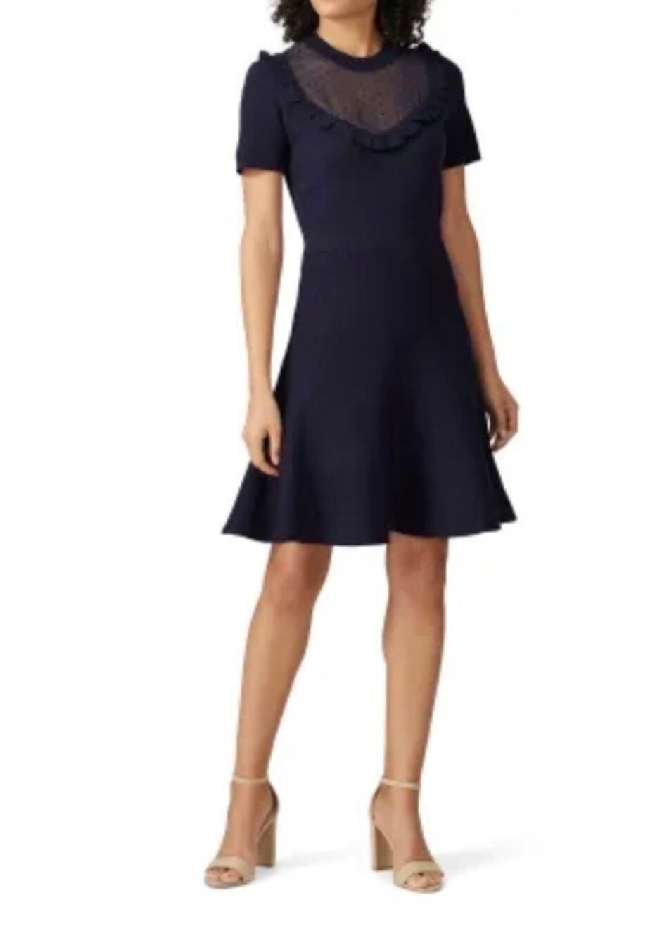 Draper James Sweater Dress Small Navy Ruffled Preppy Quiet Luxury Holidays